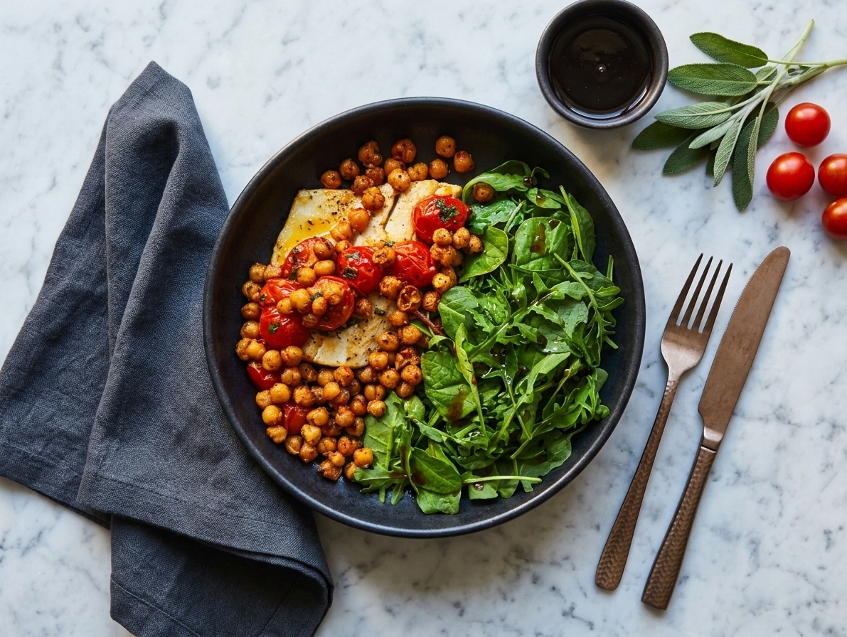 Oven-baked hake with cherry tomato sauce accompanied by roasted chickpeas and salad