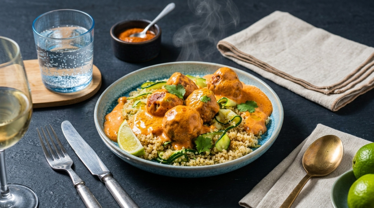 Pork meatballs with chipotle sauce accompanied by quinoa and zucchini with citrus dressing