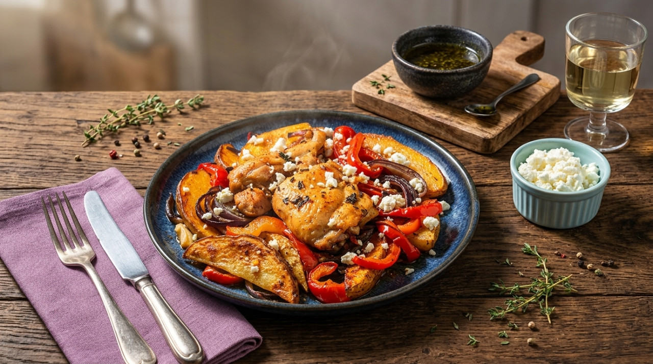 Roast chicken with potatoes and Greek cheese