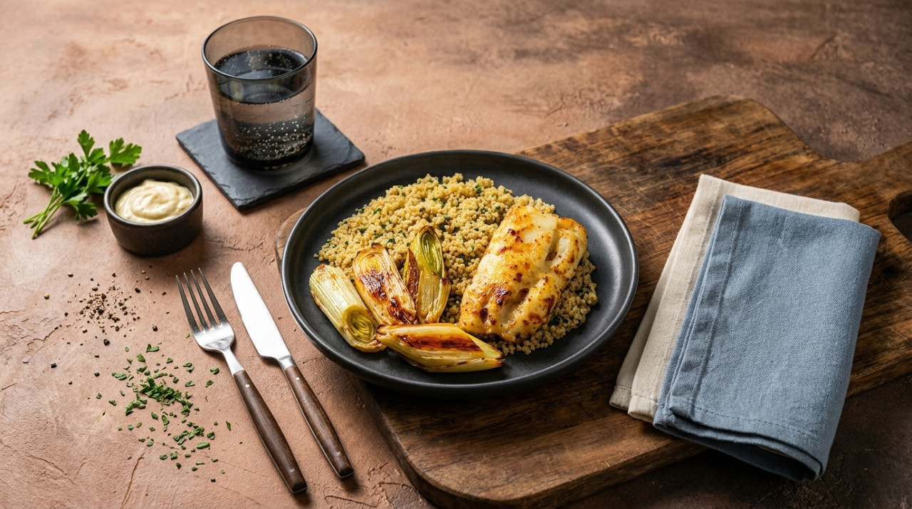 Gratinated cod with aioli and roasted leek with quinoa with homemade garlic and parsley oil