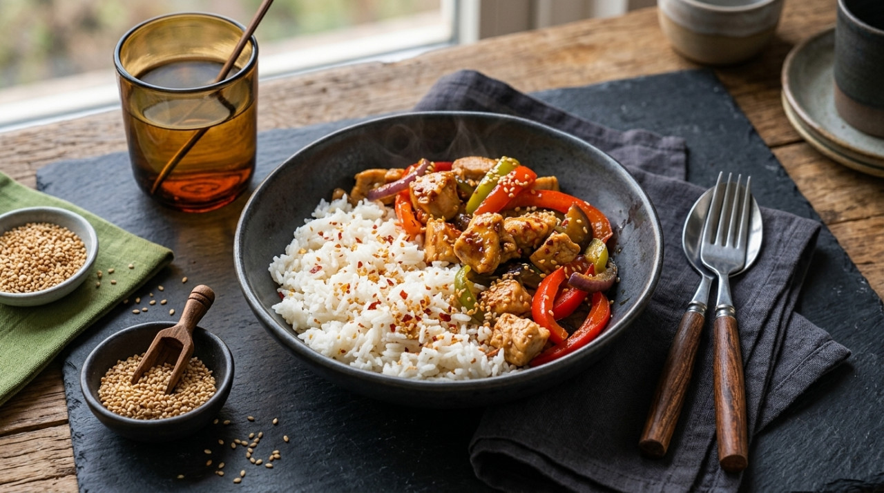 Teriyaki chicken with stir-fried vegetables, basmati rice and sesame seeds