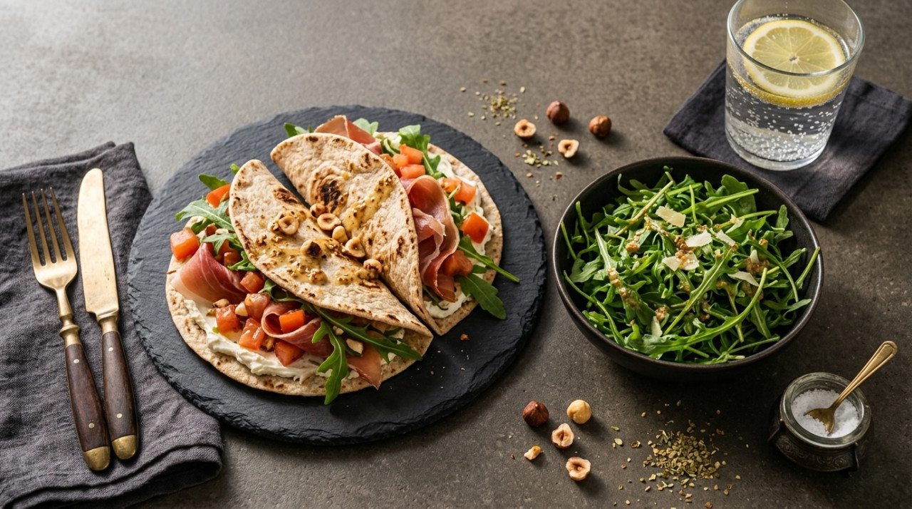 Serrano Ham Piadinas and Cheese Duo with Tomato and Arugula in Mustard and Hazelnut Vinaigrette