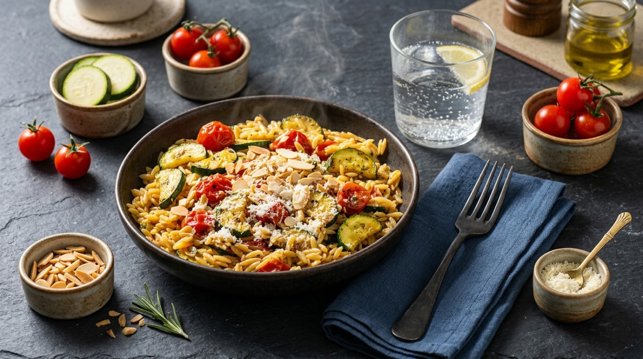Orzo with zucchini and almond sauce with cherry tomatoes and grated cheese