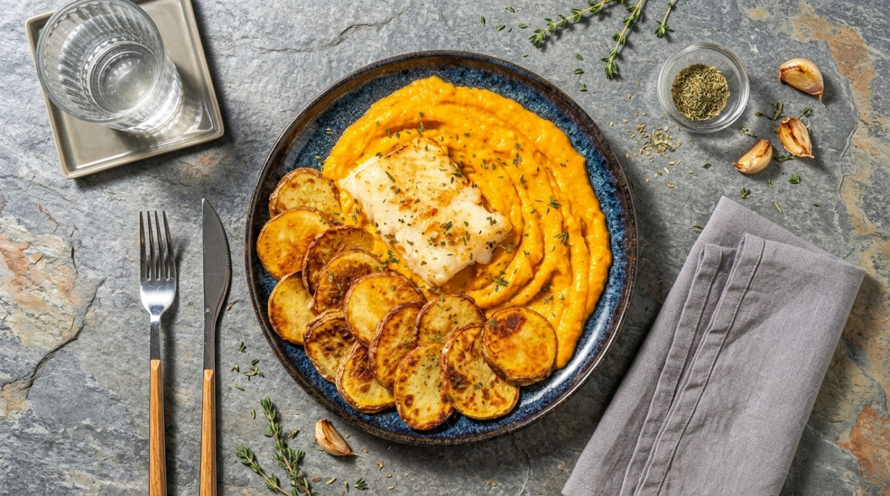 Baked cod with carrot sauce