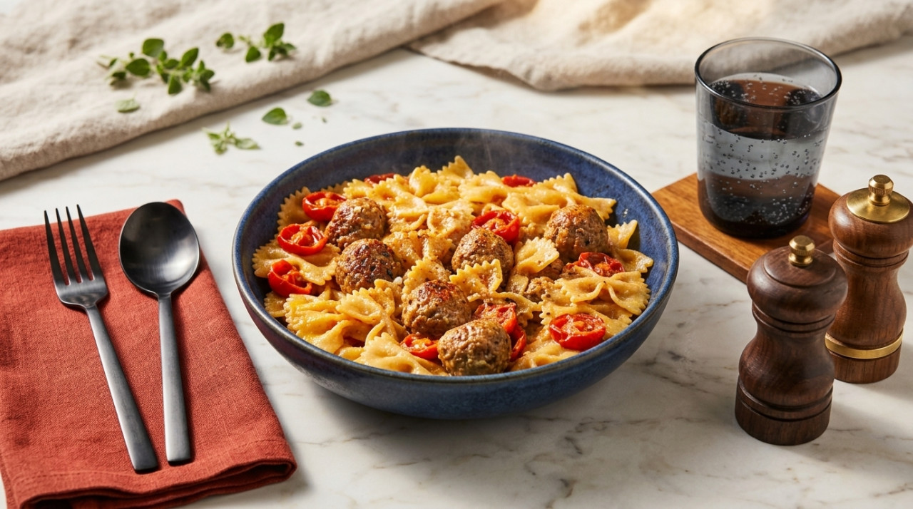 Farfalle with Homemade Pork Meatballs in Greek Cheese Sauce and Cherry Tomatoes