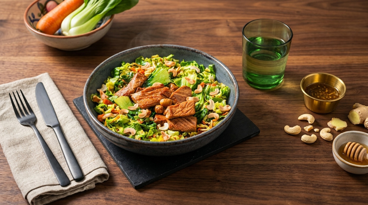 Marinated pork on Asian salad