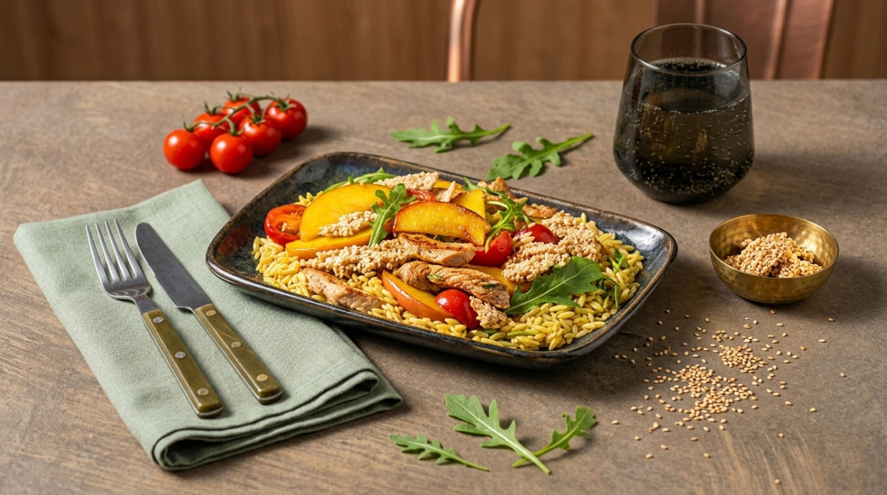 Maghrebi-spiced pork loin over orzo salad with caramelized apple and candied sesame