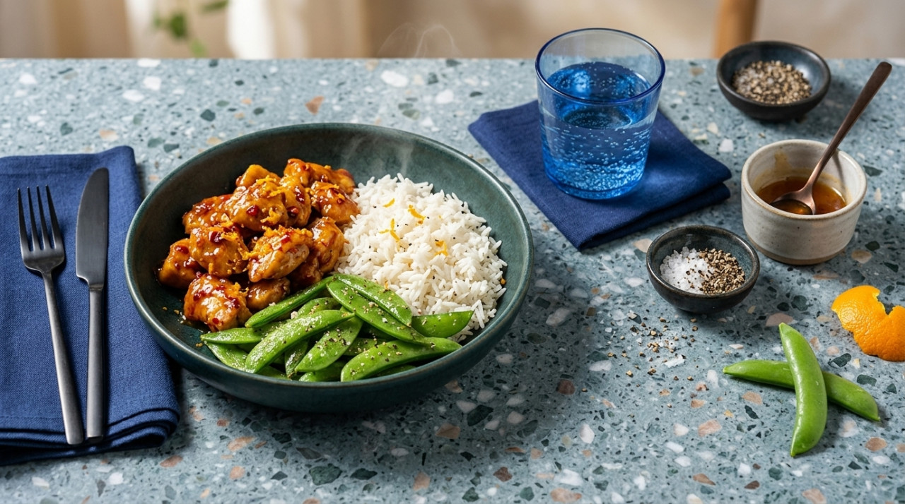 Orange chicken with snap peas accompanied by basmati rice