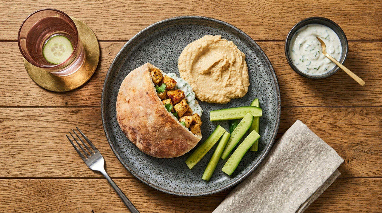 Chicken shawarma with yogurt sauce accompanied by homemade hummus and cucumber crudités