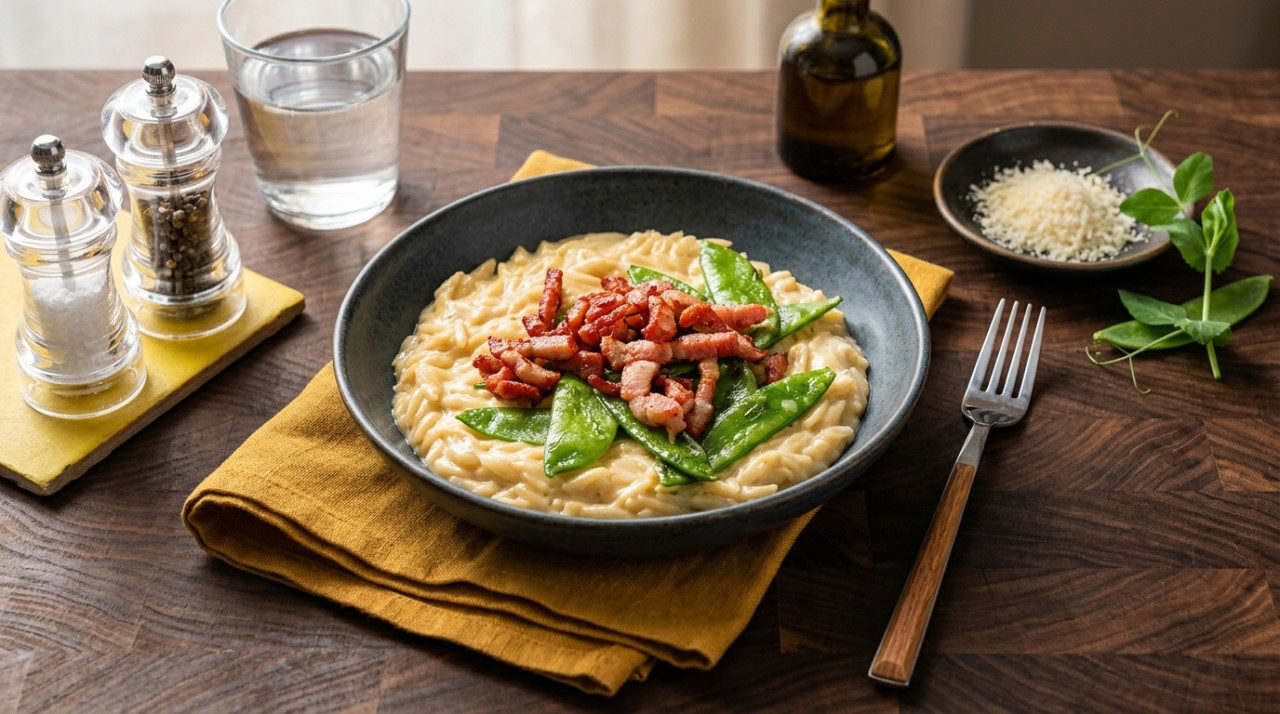 Orzo in cheese sauce with crispy bacon and sautéed snow peas
