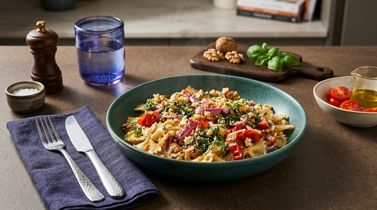 Farfalle with Greek cheese sauce and cherry tomatoes