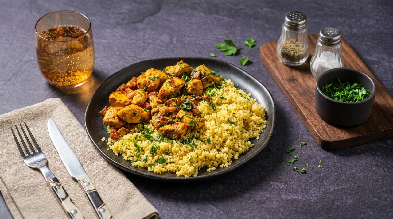 Marinated chicken with apple and parsley accompanied by couscous with citrus vinaigrette