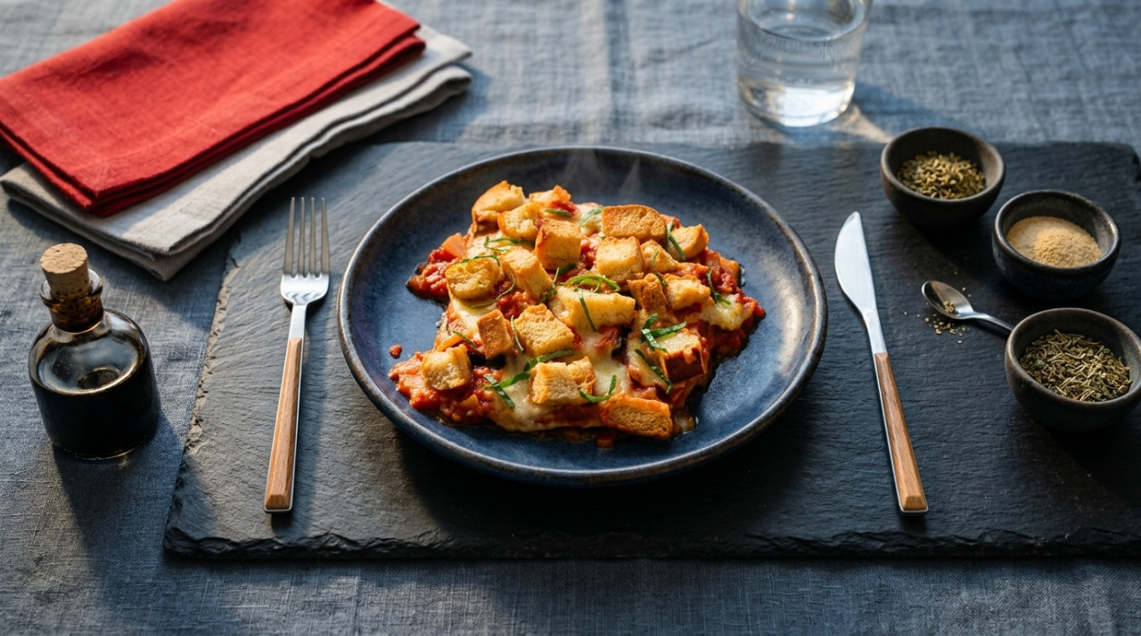 Eggplant Parmigiana with Mozzarella, Tomato Sauce and Homemade Croutons