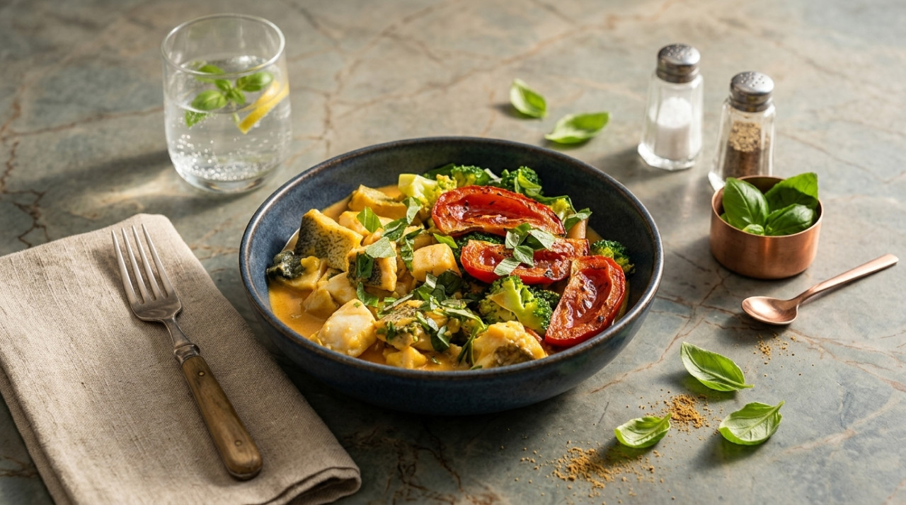 Creamy hake and basil curry with broccoli and sautéed tomato