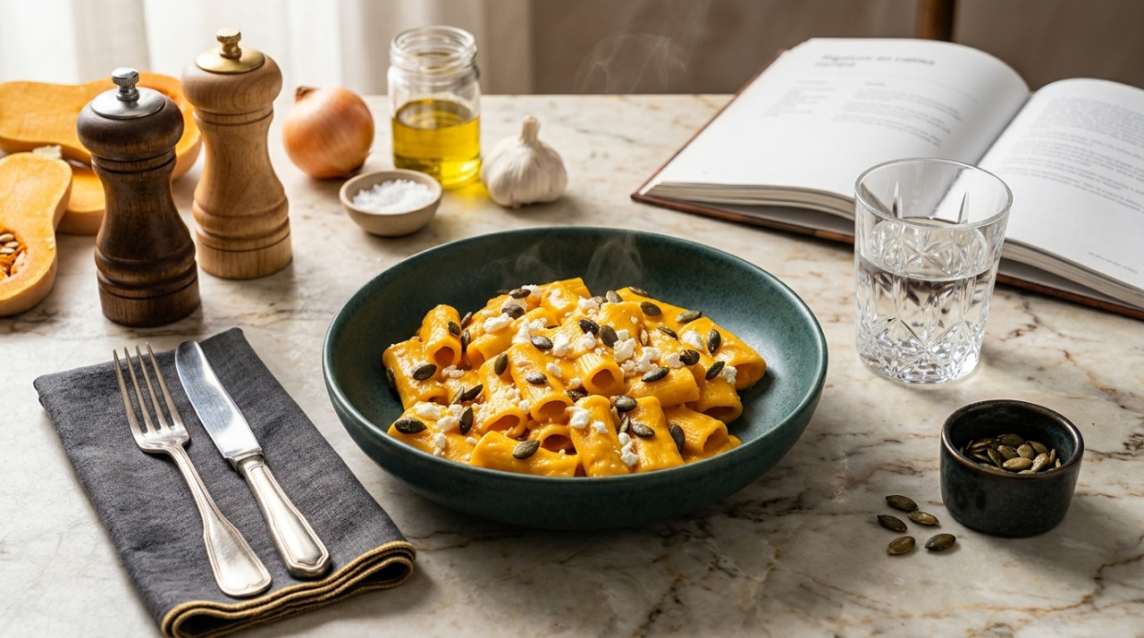 Rigatoni with homemade pumpkin sauce with goat cheese and toasted pumpkin seeds