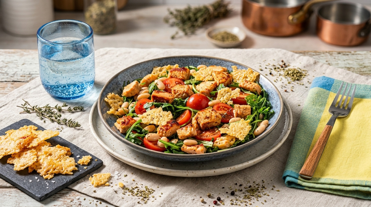 Salmon cubes with crispy cheese on arugula salad, cherry tomatoes and white beans