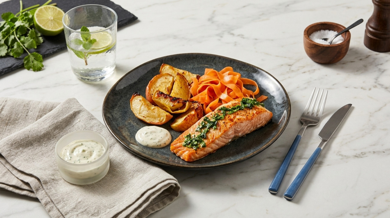 Baked salmon with roasted apple wedges, pickled carrot ribbons and cilantro-lime mayonnaise