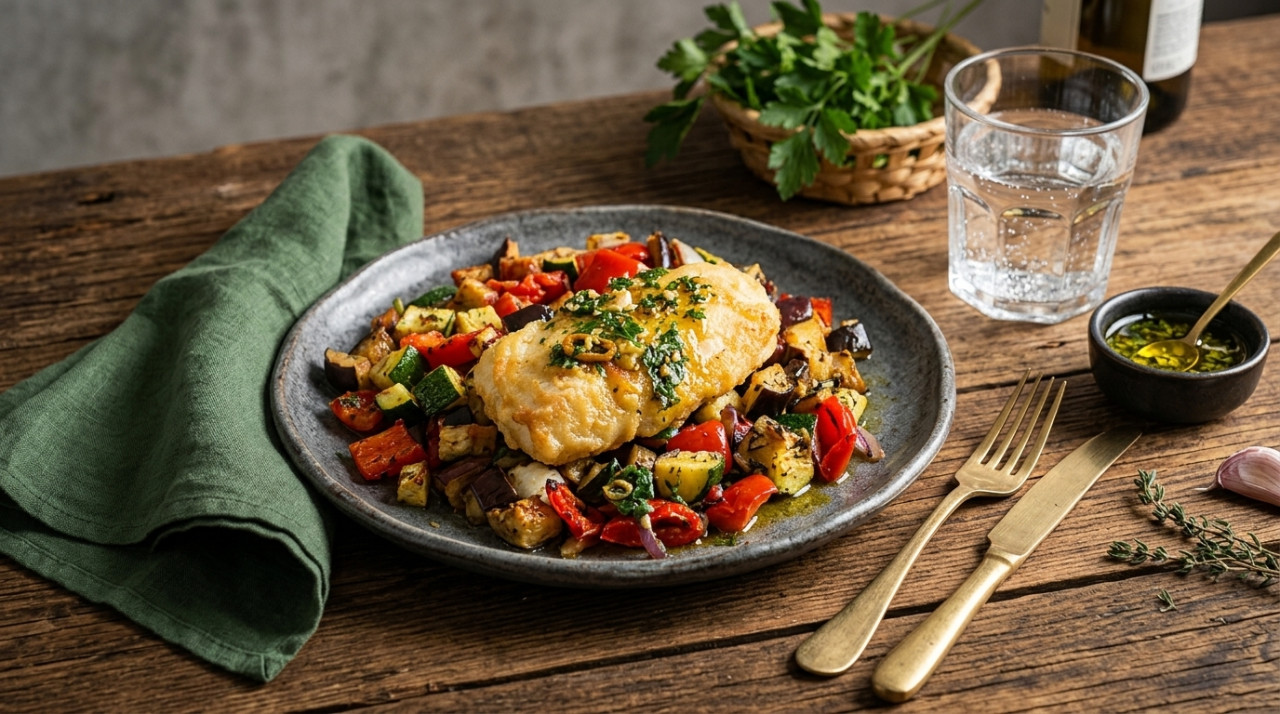 Fried cod with garlic and parsley oil on roasted vegetables