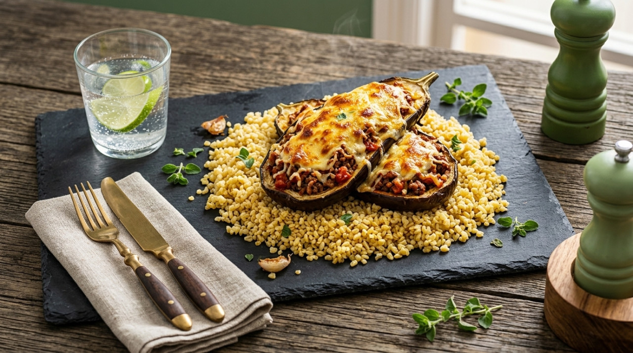 Eggplants au Gratin with Ground Beef Served with Bulgur