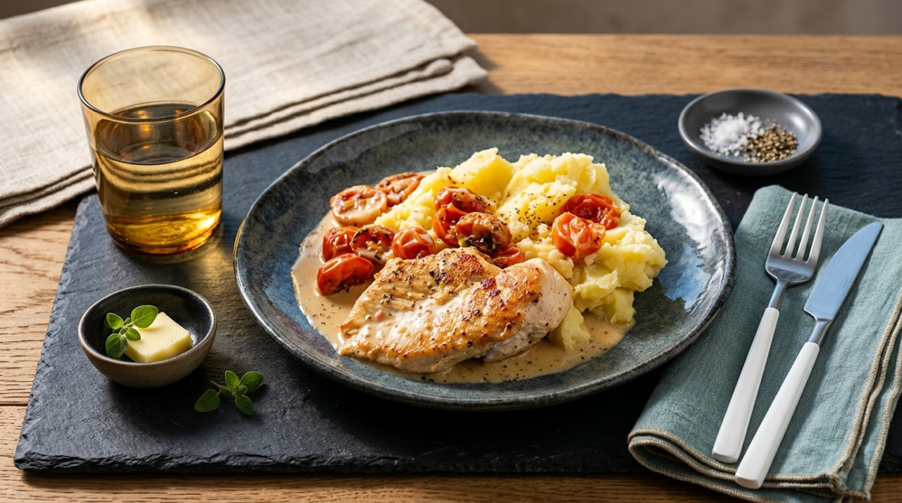 Chicken in creamy pecorino cheese sauce with sautéed cherry tomatoes and mashed potatoes