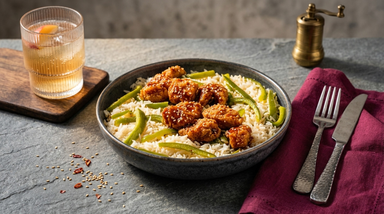 Asian sesame popcorn chicken over jasmine rice with sautéed pepper