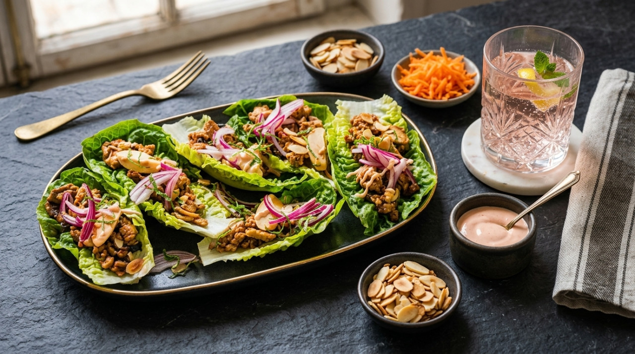 Lettuce tacos with pork and almonds with pickled onion and sriracha mayonnaise