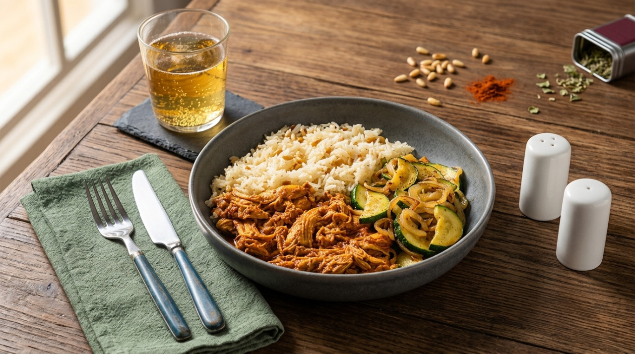 Spiced shredded chicken bowl with sautéed vegetables and basmati rice with pine nuts
