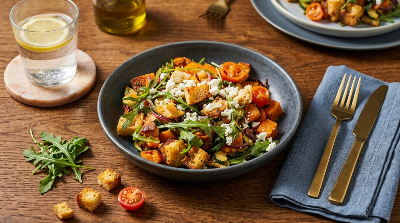 Panzanella salad with roasted squash