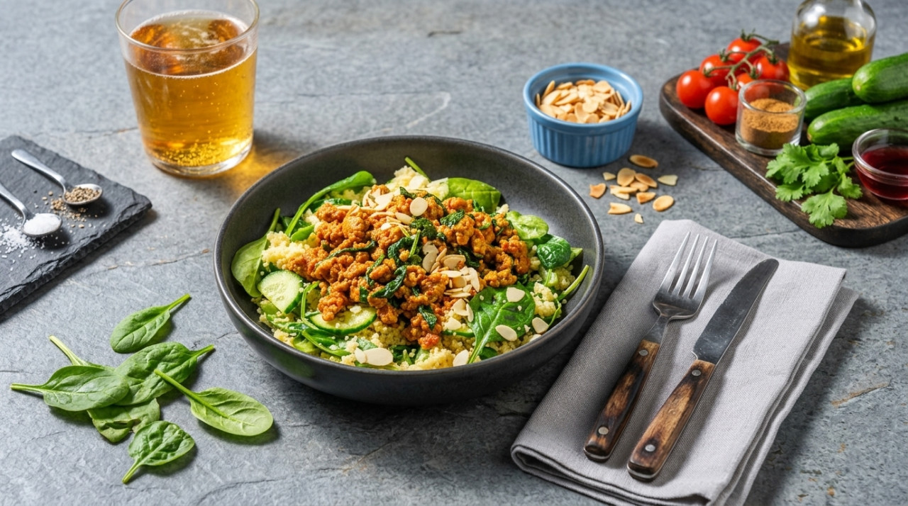 Spiced pork with spinach and almonds over couscous and cucumber salad