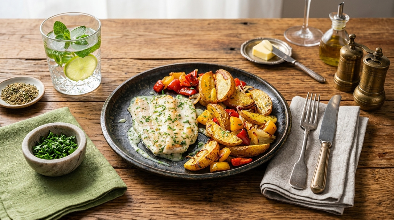 Grilled hake in green sauce with vegetables and roasted potato
