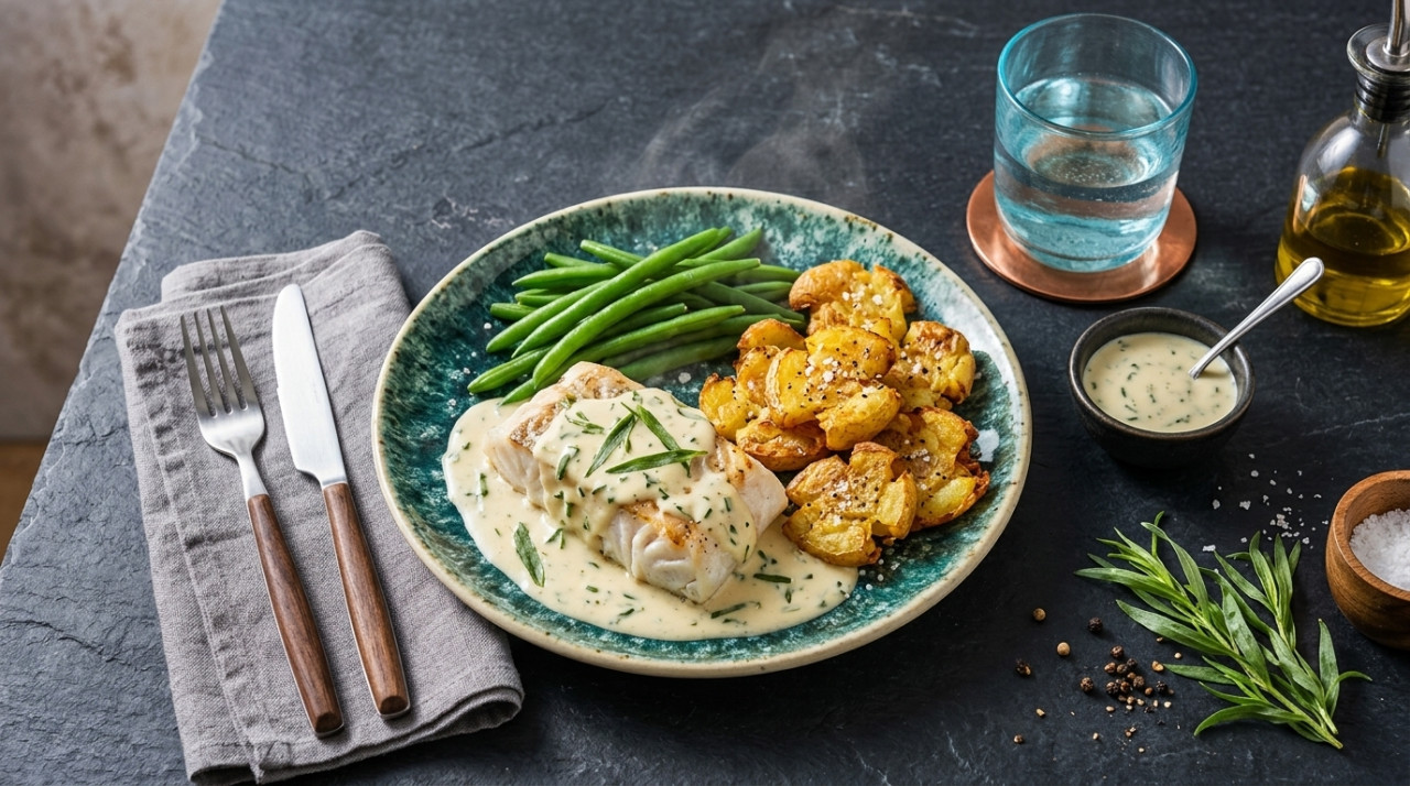 Hake in Creamy Tarragon Sauce with Green Beans and Oven-Smashed Potatoes
