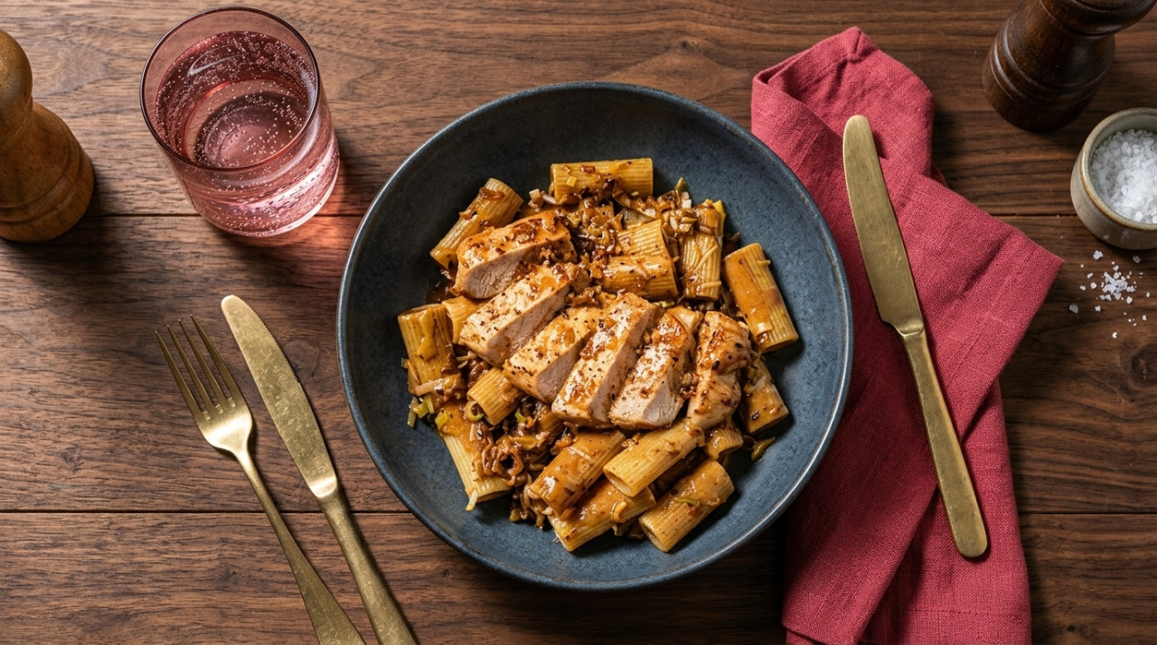 Pork loin with rigatoni in creamy leek sauce with balsamic vinegar